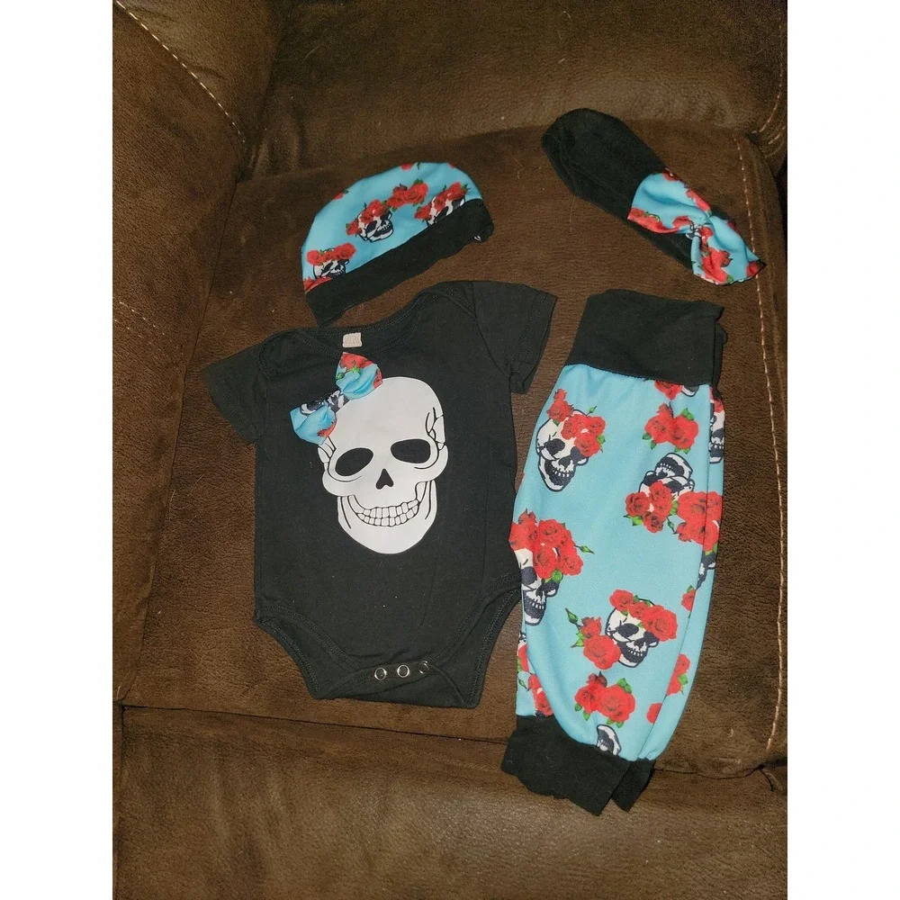Boutique fall Halloween skull outfit bodysuit pants hat headband 70 6 12 months